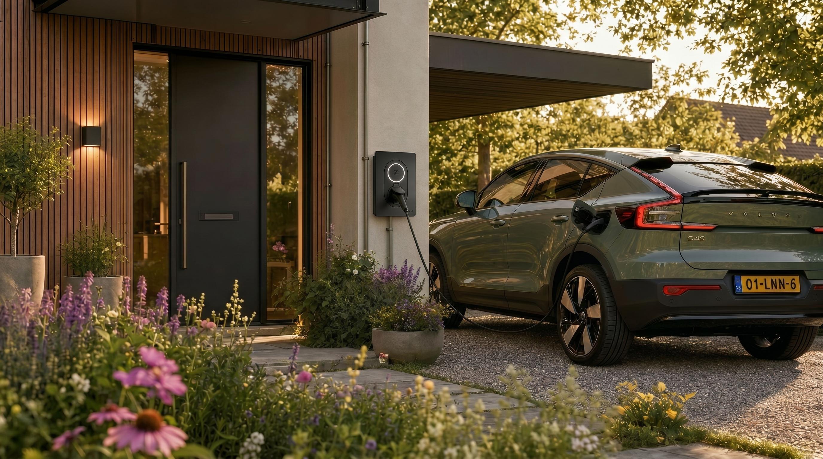 Elektrische auto laadt thuis op aan een laadpaal