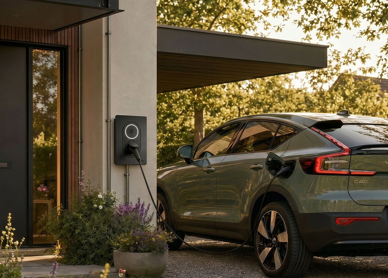 Elektrische auto die thuis oplaadt aan een laadpaal