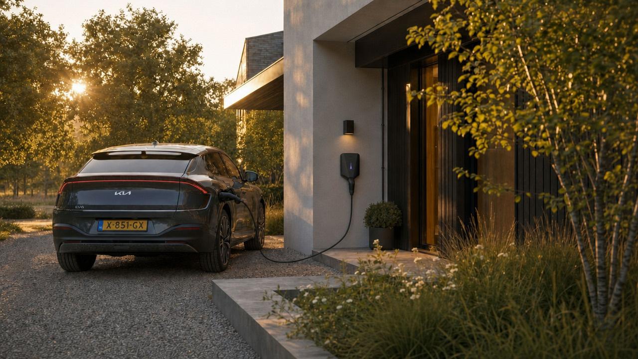 Elektrische auto laadt thuis op aan een laadpaal bij de voordeur